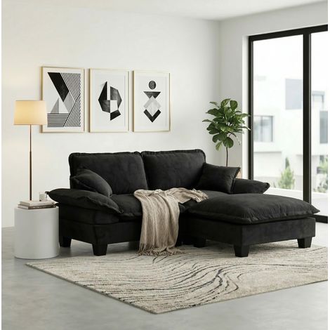 Ecksofa Chenille Schwarz 194x151x90 cm, modular mit beweglicher Ottomane und 2 Kissen (1/5)