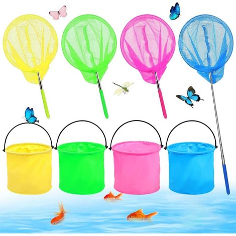 Épuisette télescopique enfant 4 pièces avec seau pliable pour pêche aux insectes et jeux d’eau (1/4)