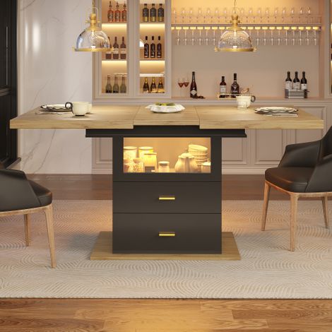 Table à manger extensible 110 à 140 cm avec rangement 2 tiroirs éclairage LED intégré plateau imitation bois base noire pour 6 personnes salle à manger cuisine (1/5)