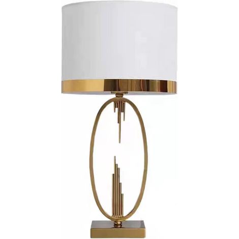 Lampe de chevet E27 pour le salon, abat jour en tissu blanc base en métal doré (1/5)