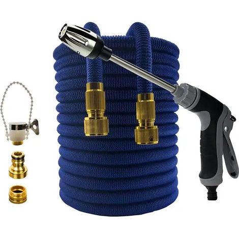 Tuyau d'arrosage extensible haute pression pour jardin (Tuyau bleu UE, 1/2'', 7,6 m) - Fournitures d'irrigation horticole - Pistolet à eau pour le lavage de voiture