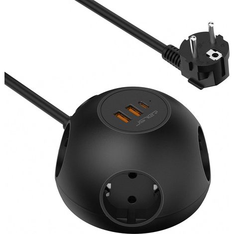 Multiprise 4 prises, multiple USB A et C(PD 20W), hémisphère interrupteur (3680W 16A), câble noir (1/5)