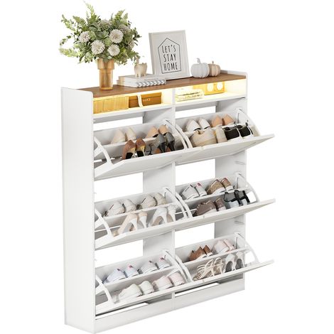 Meuble à Chaussures avec 6 Portes Rabattables, 2 Niches Ouvertes et LED Réglable pour Entrée, en MDF, 120×24×130 cm (1/5)