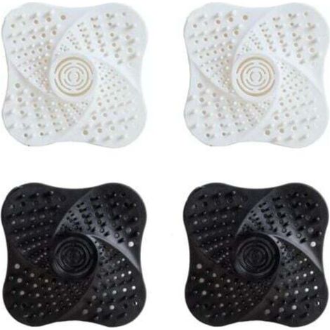 Set of 4 white and black silicone floor drain plugs to prevent odors, hair filters for showers, drain and sink plugs