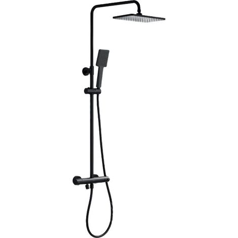 Duschsäulen-Set mit Verbrühungsschutz-Thermostatarmatur, schwarzer Duschmischer mit 25x25 cm Duschkopf, Handbrause, Edelstahl-Duschstange und PVC-Duschschlauch.
