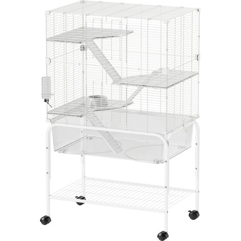 Cage animaux petits 4 niveaux avec roues, rampes, plateformes, distributeur, bac profond 73x47x123 cm Blanc