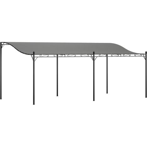 Pergola a muro 3x6 m con tetto inclinato, fori di drenaggio e struttura in metallo grigio scuro.
