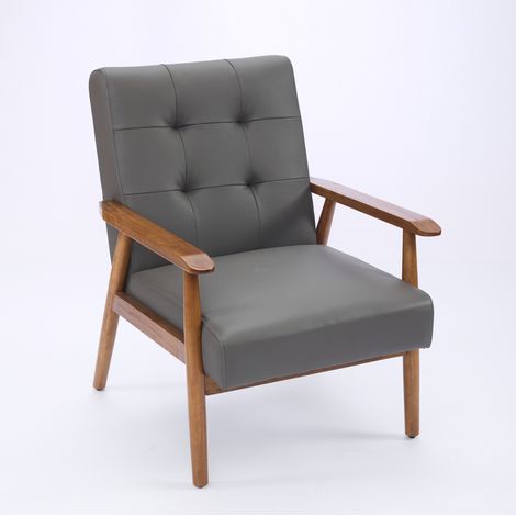 Fauteuil lounge en cuir véritable avec accoudoirs couleur noyer et pieds en bois de caoutchouc (1/5)