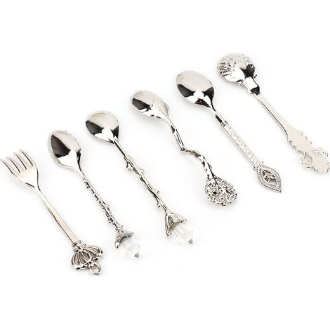 Ensemble de 6 cuillères et fourchettes en alliage de zinc style rétro vintage innovant, couleur argent (manche de fourchette en forme de couronne). (1/3)