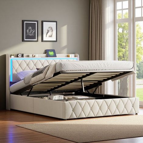 Letto contenitore con rete a doghe - Letto contenitore matrimoniale 140x190 cm - Velluto beige - LED RGB e porte USB/Type-C - Contenitore 29 cm
