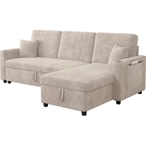 Sofá Cama en L Beige de Terciopelo con Almacenamiento, USB, USB-C y Portavasos (1/5)