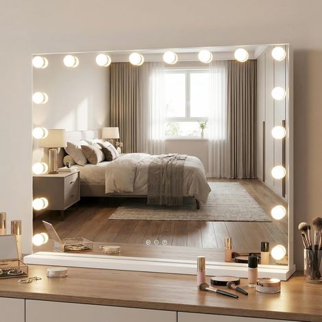 COSTWAY Specchio da Trucco Hollywood con Luci, 80x60 cm, Specchio Illuminato da Tavolo e da Parete con 3 Colori e Luminosità Regolabile, Controllo Tattile per Camera da Letto e Camerino (1/5)
