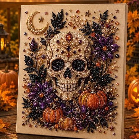 DIY Halloween Raven Pumpkin Handmade Pearl Painting Bedroom Decor Set - Skull - 2020cm with Frame