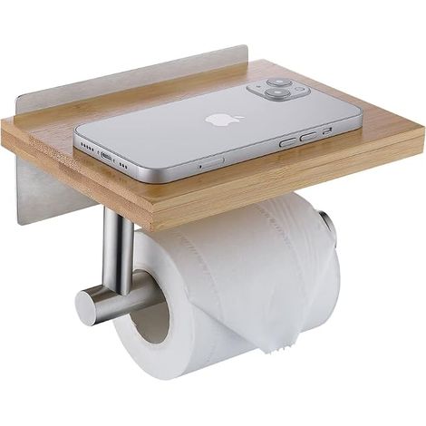 Portarrollos de papel higiénico con estante de bambú natural, sin taladrar, de níquel cepillado. (1/5)