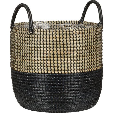 Jonc de mer 27 - Jardinière en osier avec poignées en jonc de mer - Couleur : noir naturel - Diamètre : 27 cm - Hauteur : 23,5 cm - Volume : 13,1 l (1/5)