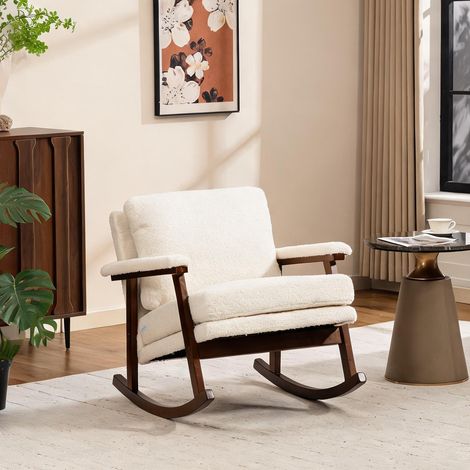 Fauteuil à bascule en velours blanc avec piètement en bois massif (1/5)