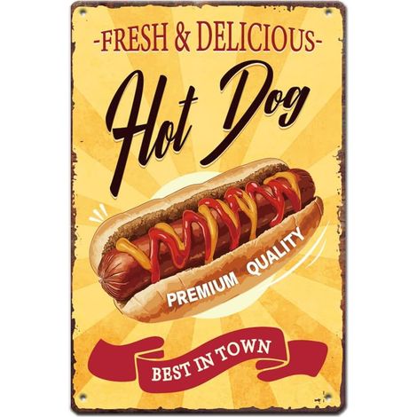 Hot Dog Metal Vintage Fast Food Poster Rétro Cuisine Metal Signs Plaque en Métal Murale Decorative Drôle Décor (1/5)