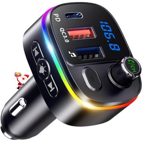 Bluetooth Voiture, QC3.0 & PD18W USB C Transmetteur FM Bluetooth 5.3 avec Appels Mains Libres, Adaptateur Bluetooth Voiture Autoradio Support Assistant Siri Google, Clé USB, 9 Rétroéclairés RVB (1/5)