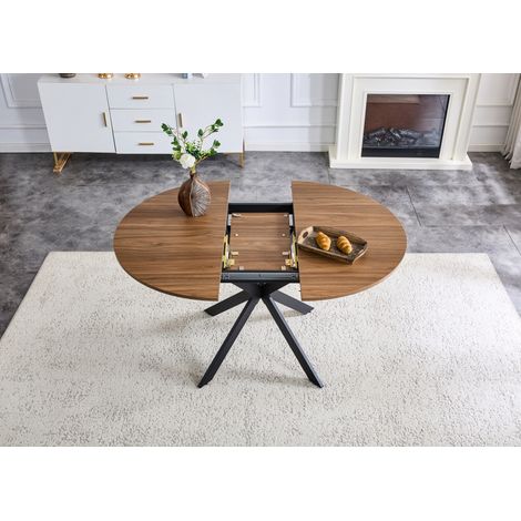 Tavolo da pranzo allungabile moderno in MDF e metallo, effetto noce, base nera a tre gambe (1/5)
