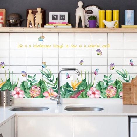 Stickers muraux fleurs et plantes, décoration de cuisine, papier peint (1/4)