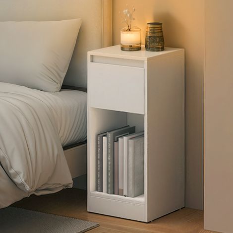 Table de Chevet Étroite avec Éclairage LED, Port USB, Tiroir et Niche Ouverte, pour Chambre, Blanc