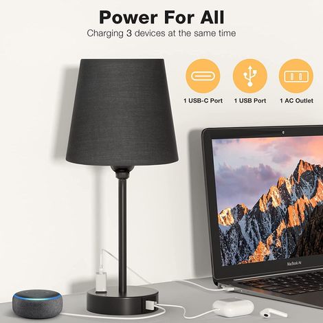 Lampe de chevet tactile avec ports USB-A+C et prise secteur, 1 ampoule, 3 lampes à intensité variable, abat-jour noir, lampe de table pour chambre, salon, enfants, bureau [Classe énergétique F]