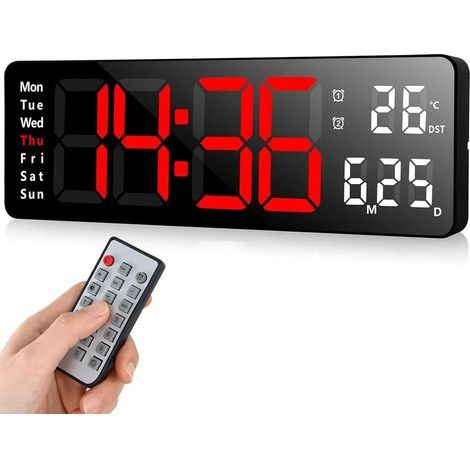Digitale Wanduhr mit 13-Zoll-LED-Bildschirm, einstellbarer Helligkeit, Fernbedienung sowie Datums- und Wochentagsanzeige.