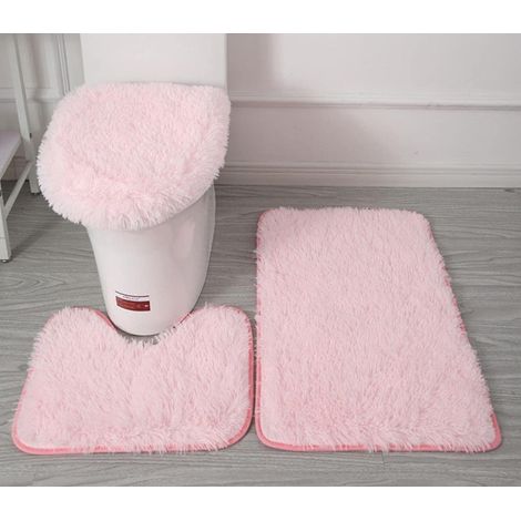 3 Tapis Salle Bain Microfibre Rose, Tapis+contour+housse siège WC (1/4)