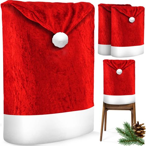 KESSER® Premium Weihnachtsstuhlüberzug Set Stuhlhussen für Weihnachten Nikolausmütze Stuhlbezug Husse Weihnachtsdeko für Stühle Überzieher Rot / Weiß / 2 Stück - Weihnachtsmütze (1/5)