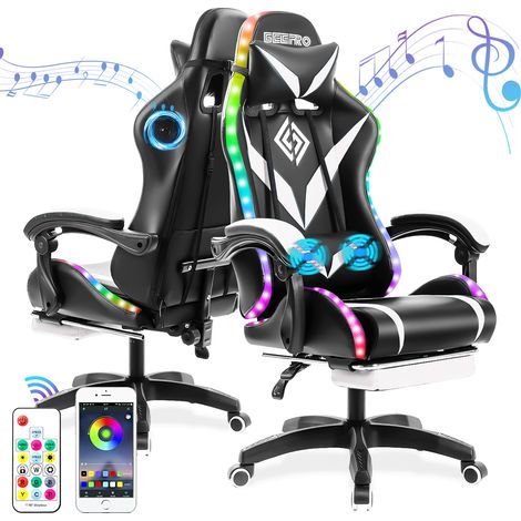 RGB Gaming Chair with Bluetooth Speakers, LED Lights, Ergonomic Massage Computer Gaming Chair PU Leather with Footrest High Back, Lumbar Support, White+Black