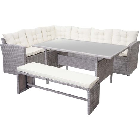 Ensemble complet de salon de jardin terrasse balcon véranda en polyrotin gris clair coussin crème avec banc 040004173