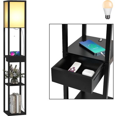 Lampadaire sur Pied Salon,Lampadaire Étagères et Tiroir,Noir Lampe sur pied en Bois avec Port Chargeur USB,MDF,pour Chambre, Salle d'Étude, Bureau,Decoration Salon,Moderne,avec Ampoule (1/5)