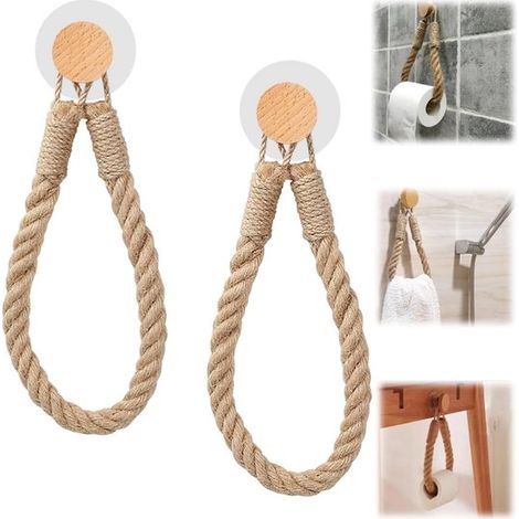 Porte-papier toilette en corde de chanvre 29 cm - support suspendu à ventouse, brun (1/5)