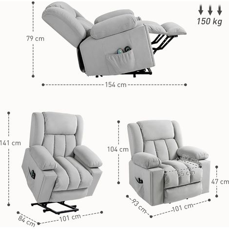 Fauteuil relax électrique releveur, inclinaison, massage et chaleur, porte-verre, rangement, ports USB, télécommande, velours gris clair (1/4)