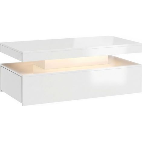 CHICFURN Mesa de centro LED 100x50 cm en madera blanco brillo con 2 cajones, 2 niveles (1/5)