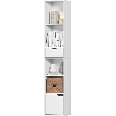 Libreria a 6 ripiani, regolabile su 3 livelli, con cassetto, anta, ripiano personalizzabile, ripiano espositivo, bianca (1/5)