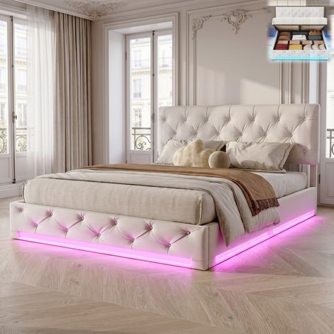 Lit coffre 160x200 cm, Cadre rembourré avec éclairage LED, Tête de lit avec garniture rivetée, Rangement hydraulique, Tissu lin beige clair (1/5)