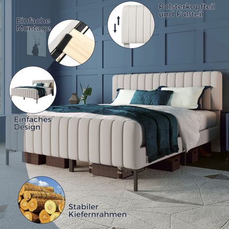 Lit une place capitonné (160 x 200 cm) avec sommier à lattes et tête de lit réglable design gris-beige adapté à une chambre parentale ou d'amis revêtement aspect lin (matelas inclus). (1/5)
