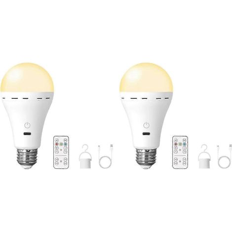 Deux ampoules LED rechargeables E26 alimentées par piles avec télécommande, ampoules intelligentes tricolores à changement de couleur avec crochets (1/5)