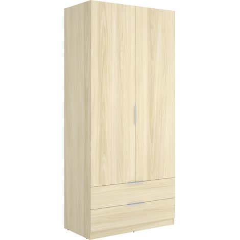 Armoire placard de rangement à 2 portes battantes et 2 tiroirs, coloris Chêne clair - Hauteur 203,5 x Longueur 91 x Profondeur 51,4 cm (1/5)