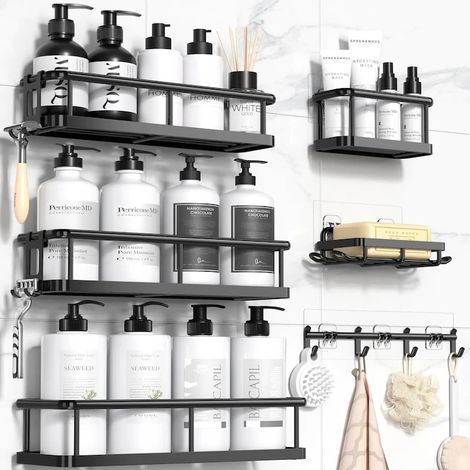 Mensola per doccia con adesivo, mensola per bagno, porta asciugamani e porta sapone, in acciaio inossidabile, organizer per bagno o mensole portaoggetti per cucina, set di 6 mensole per doccia, access (1/5)
