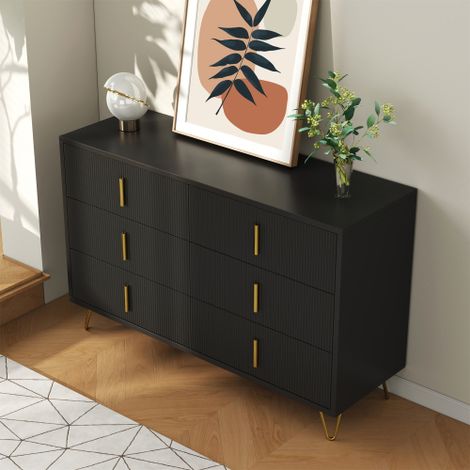 Aparador/mueble de almacenaje negro, cómoda de 6 cajones con patas doradas, 120x40x77 cm (1/5)