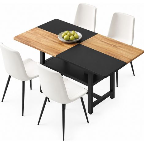 ELVMI Conjunto de Mesa y Sillas con 1 Mesa Rectangular y 4 Sillas, MDF, Metal y PU, Marrón, Negro y Blanco (1/5)