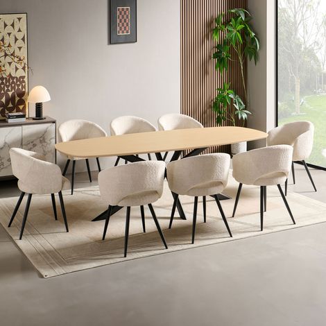 Ensemble table 240 cm effet chêne + 8 chaises tissu bouclette écru