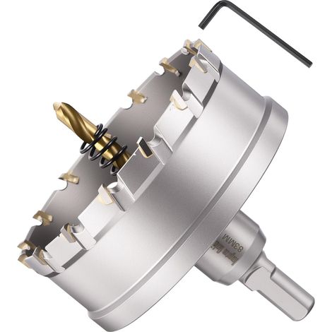 Kit de scie-cloche 83 mm en carbure de tungstène avec foret central, clé hexagonale et ressort – pour métaux durs, feuilles en acier inoxydable, tubes carrés, fibre de verre, argent (1/5)