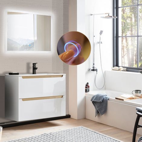 Badmöbel Waschplatz Set Hochglanz weiß mit Trüffel-Buche SOFIA-107 Keramik-Waschbecken & LED-Spiegel, B/H/T ca. 85/200/46 cm (1/5)