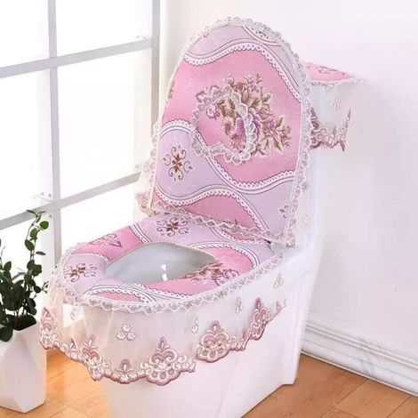 Abattant Wc,3 pièces-ensemble européen dentelle siège de toilette coussin ménage universel siège de toilette fermeture - Type Rose (1/4)