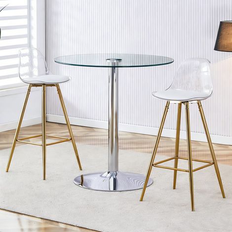 Meuble bar flexible-Table en verre ronde-2 tabourets-Pieds dorés-Espacieux-89x89x92cm (1/5)