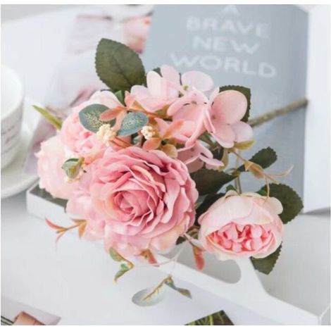 Mariage nordique haute simulation bouquet faux fleur salon décoration ornements transfrontaliers en plastique rose bouquet fleur en soie (rose) (1/5)