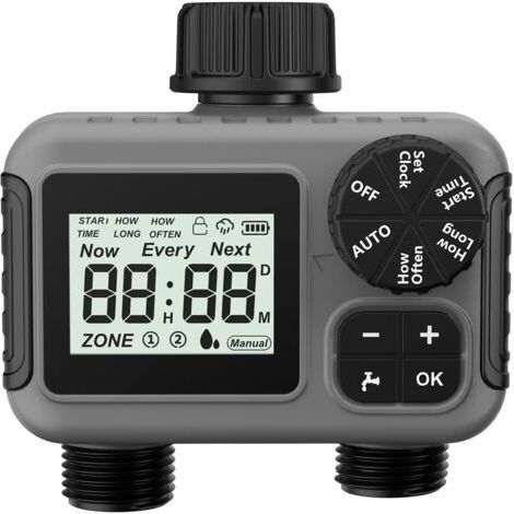 Bewässerungstimer für 2 Zonen, programmierbarer Gartenschlauchtimer mit Auto-/Manuell-/Regenverzögerungsmodus